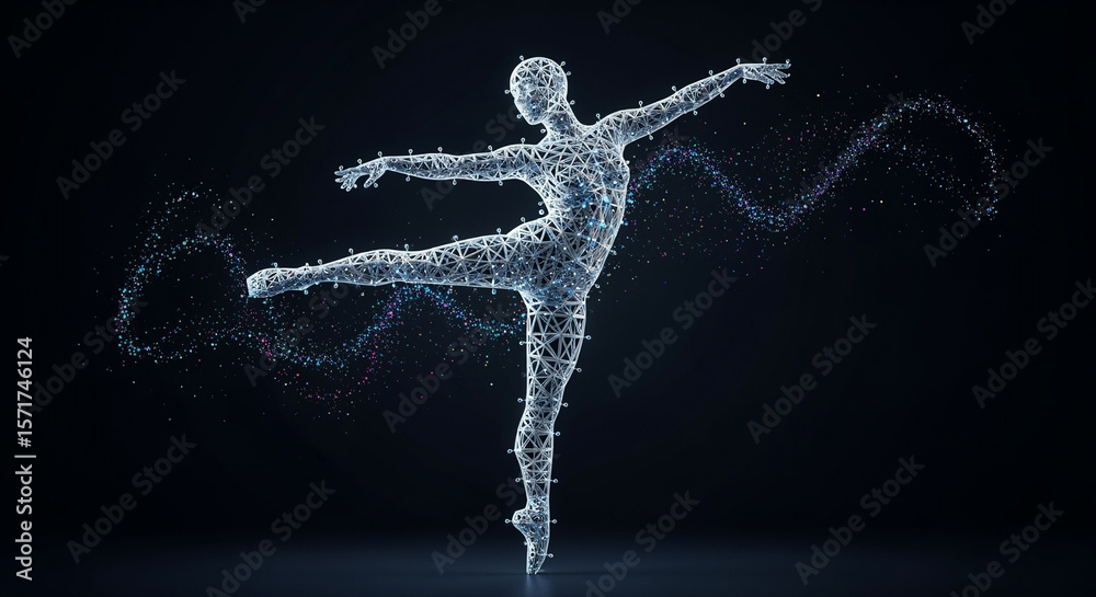 Fototapete wireframe dancer performing ballet with digital particles and light effects