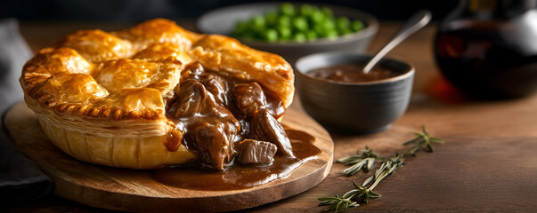Creative food template. Juicy gold crust beef Steak and Kidney Pie tradition meat pot pie tart tartlet pastry dessert sliced, spilling with rich gravy sauce on rustic wooden table. copy text space.