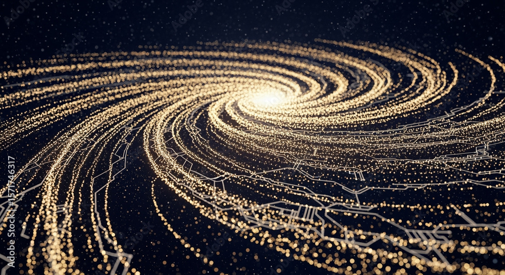 Poster abstract glowing galaxy swirl with digital circuit patterns in deep space