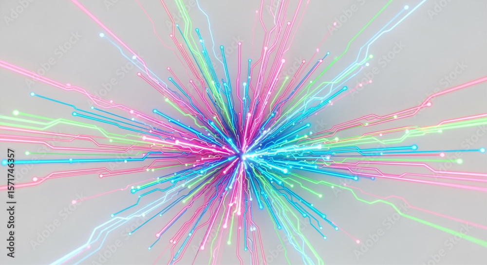 Poster abstract colorful neon lines exploding from center on gray background