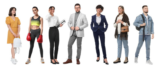 Obraz premium Different people on white background. Full-length portraits