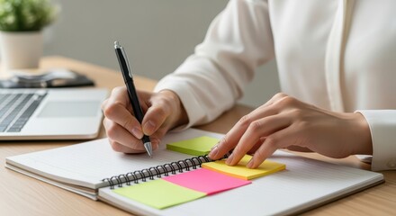 A woman is writing in a notebook with sticky notes, planning and organizing her work