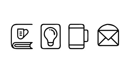 Creative icons set design with book, bulb, mug, and envelope for web and graphic