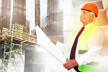 Engineer with draft and unfinished buildings, multiple exposure