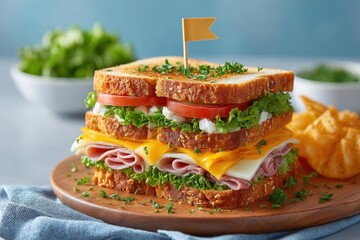 Bologna sandwich stacked with lettuce, tomato, and cheese, garnished with herbs and toothpick flag on top 