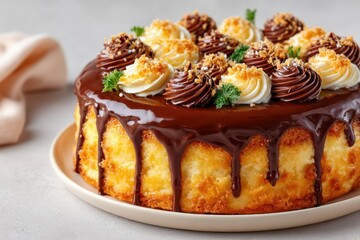 Boston cream pie with glossy chocolate glaze dripping