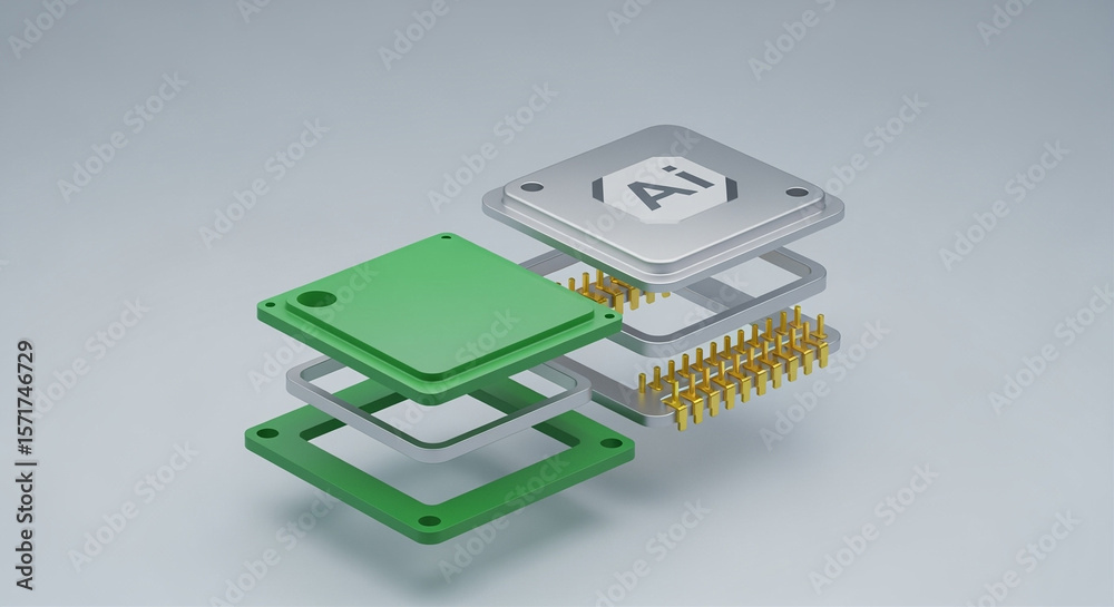 Poster exploded view of ai microchip with pins and layers