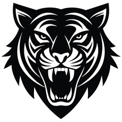 Obraz premium Fierce black tiger head roaring with sharp teeth isolated on white background