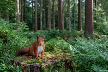 Big squirrel sitting elegantly on a mossy stump