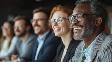 Beautiful group of business people smiling and laughing while taking notes at the meeting, all wearing stylish eyeglasses and looking attentively at the speaker.