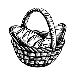 Obraz premium Bread basket sketch features crusty baguettes in rustic container with woven handle. Bread basket, with its freshly baked breads, evokes warmth, comfort, and simplicity.