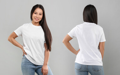 Fototapeta premium Woman in white t-shirt on grey background. Back and front view. Mockup for design