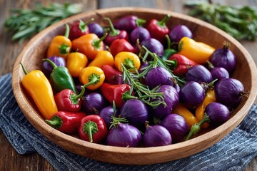 Assorted chili peppers in a rustic wooden bowl 