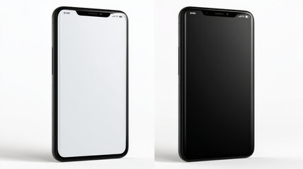 Hand holding the black smart phone with blank screen and modern frameless design in two rotated perspective positions - isolated on white background - Clipping Path