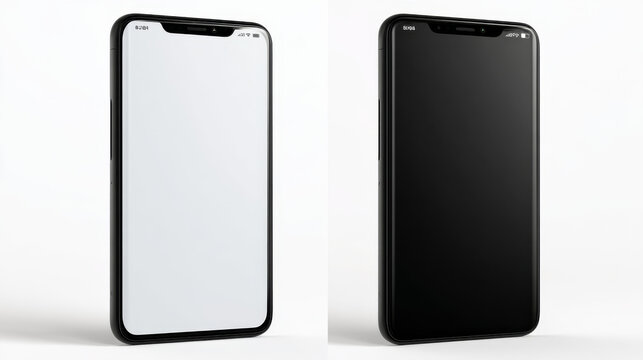 Hand holding the black smart phone with blank screen and modern frameless design in two rotated perspective positions - isolated on white background - Clipping Path