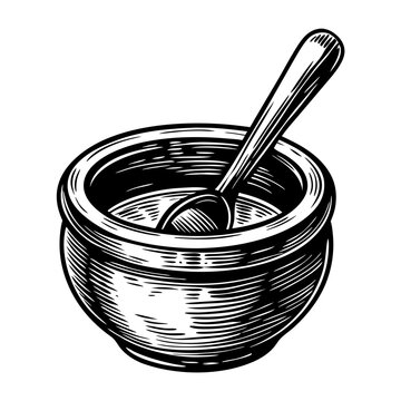 bowl with spoon, black and white clip art preview