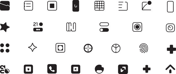A collection of modern minimalist black icons representing various digital functions and ui elements on a white background