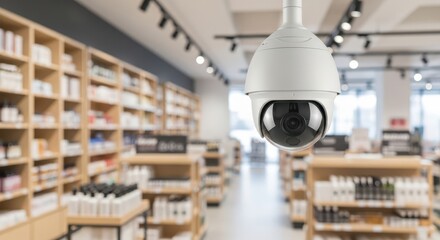 A security camera monitors a retail shop, providing surveillance and protection with its advanced technology