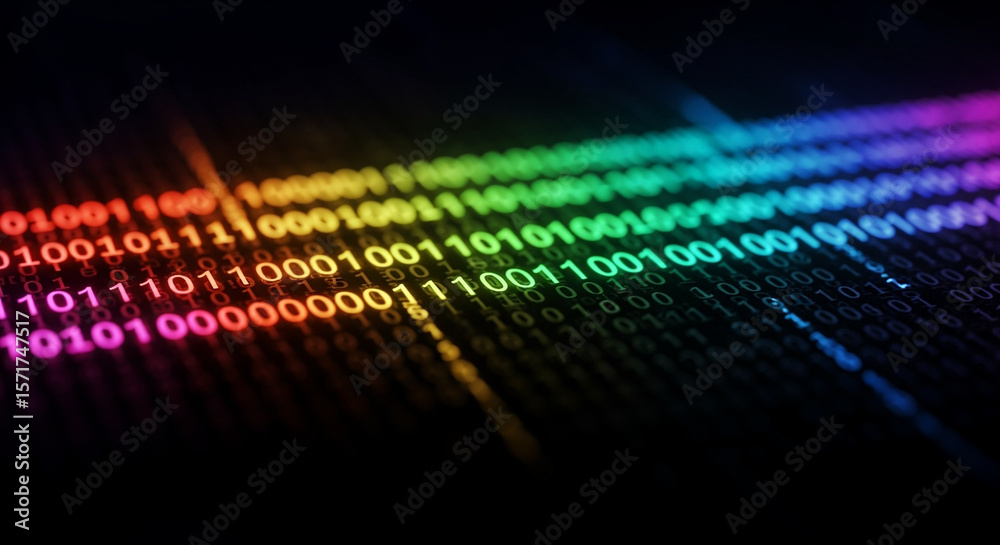 Poster rainbow binary code data stream on black background
