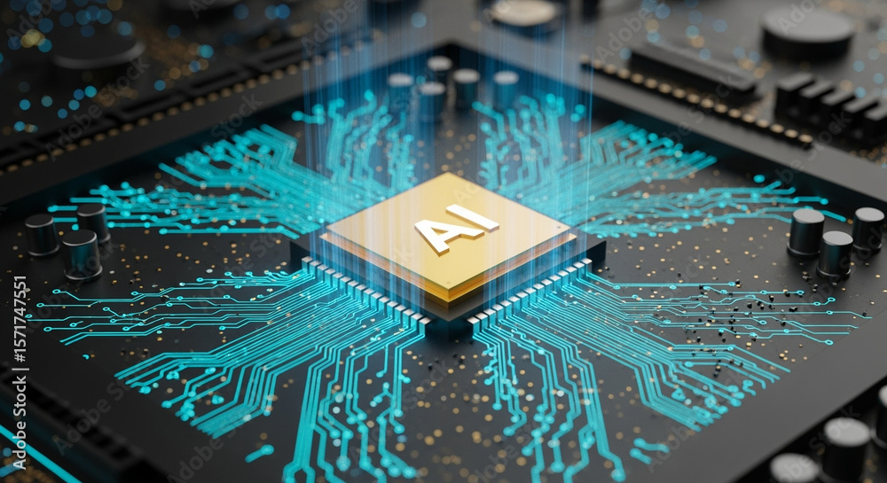 Poster ai microchip with glowing blue circuits and data streams
