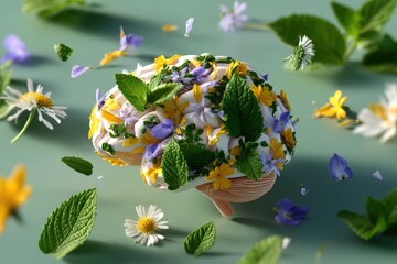3D brain blooming with flowers and leaves, symbol of mental wellness and recovery