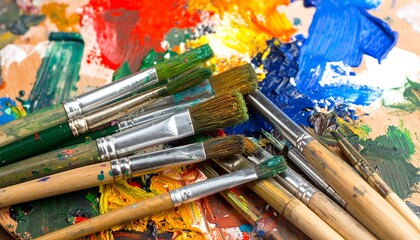 Obraz premium Paintbrushes on a colorful artist's palette