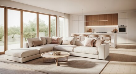 A bright and spacious living room showcases modern interior design with a comfortable sofa and stylish furniture