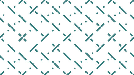 Repeating pattern of diagonal lines dots and x shapes in teal on white background