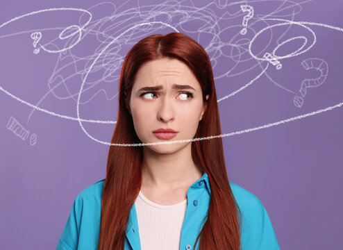 Worried woman on purple background. Confused thoughts as doodles around her head. Stress, anxiety, depression