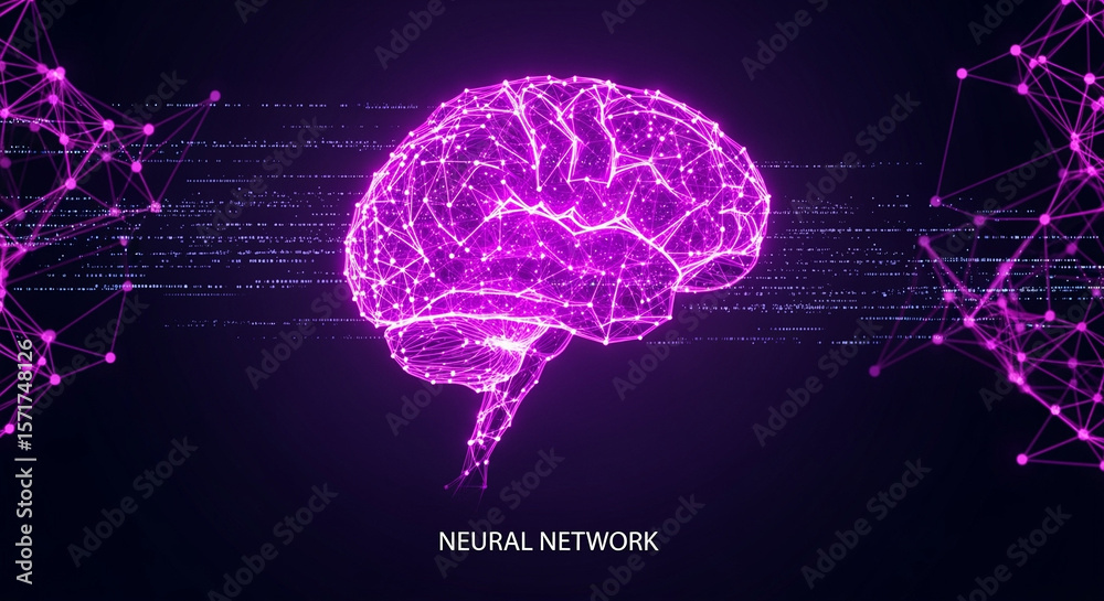 Poster glowing neural network brain structure with connections and data streams