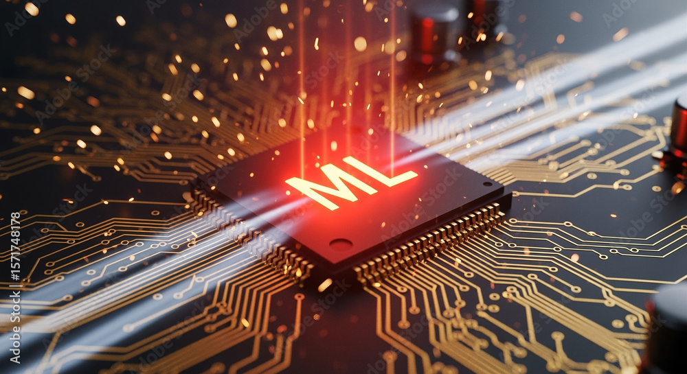 Poster glowing ml microchip on a circuit board with sparks and light beams