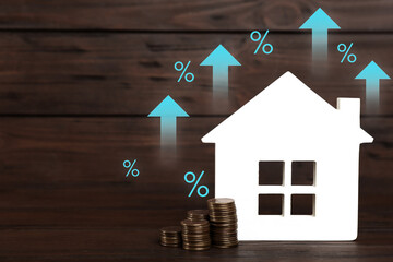 Increase in real estate value. House model and coins on wooden background. Growing price...