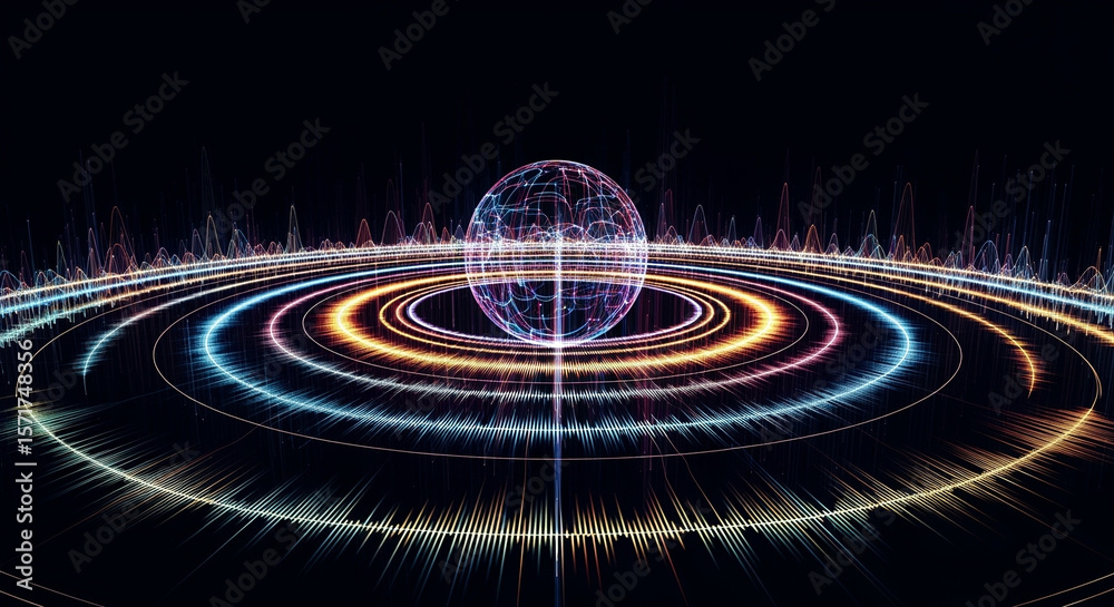 Poster abstract sphere with colorful sound waves and light patterns on a dark background