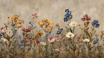 Naklejka premium Wildflowers blooming against a textured beige wall