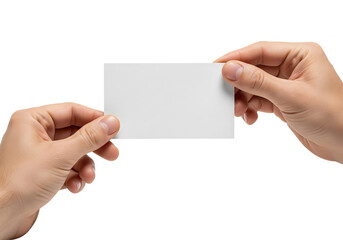 Obraz premium Male hands holding a blank white business card or credit card mockup. Isolated on transparent background, png