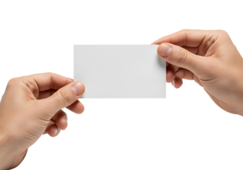 Male hands holding a blank white business card or credit card mockup. Isolated on transparent background, png