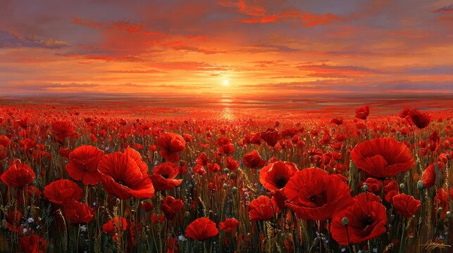 image of huge poppy field during sunset