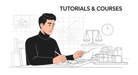 Architectural Designer Works On A Blueprint For Building Structure Project