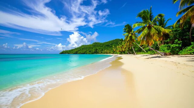 Beautiful beach with palms and turquoise sea in Jamaica island.