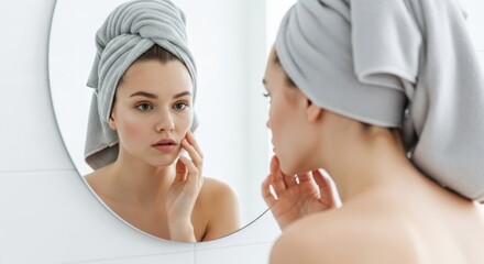 A young woman with a towel on her head looks in the mirror in her bathroom, focusing on her skincare routine