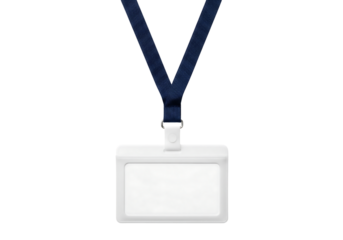 Blank white ID card badge with a blue lanyard, access pass mockup. Isolated on transparent background, png