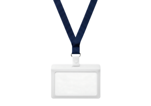 Blank white ID card badge with a blue lanyard, access pass mockup. Isolated on transparent background, png