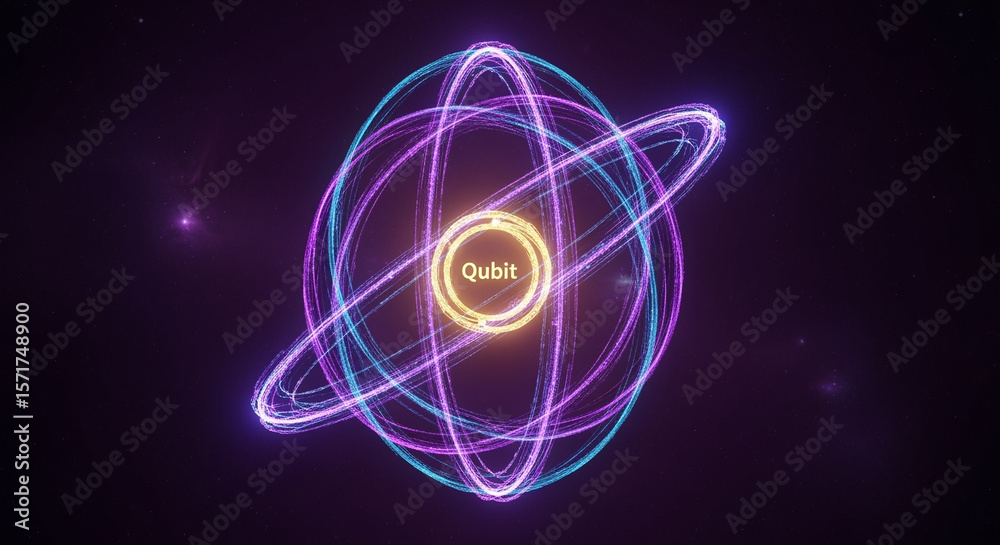 Poster quantum computer qubit atom orbits abstract glowing digital technology