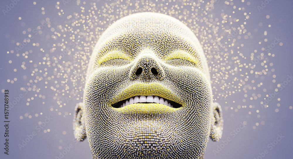 Poster smiling face made of particles with glowing particles exploding outwards