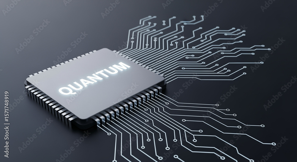 Poster quantum computer chip with glowing text and complex circuitry