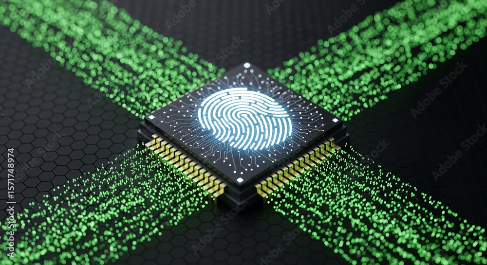 Poster microchip with glowing fingerprint and data streams on dark background