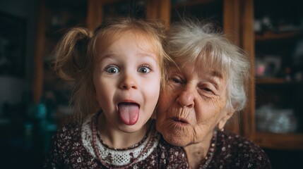 A portrait of small girl with grandmother having fun at home., no logos, no brands