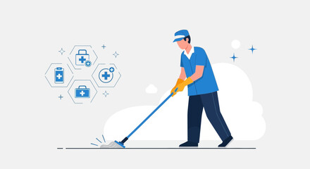 Professional Hospital Janitor Mopping Floor With Medical Icons Health Care Cleaning Service