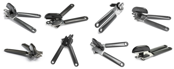 Can opener isolated on white, collage. View from different sides