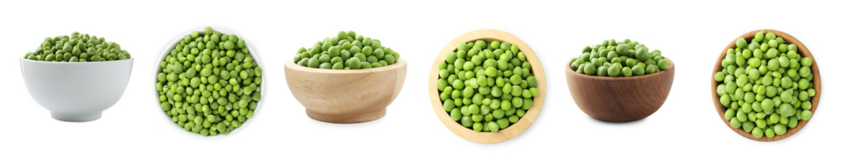 Fresh green peas in bowls isolated on white, collage. Top and side view